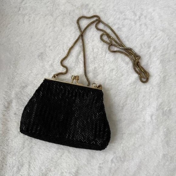 Vintage Art Deco Style Beaded Evening Bag – Herringbone Pattern – Black Coin Pur - Picture 1 of 10